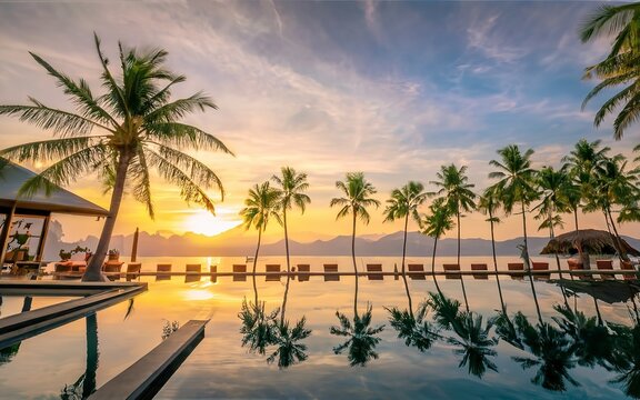 Silhouette coconut palm tree around outdoor swimming pool in hotel and resort