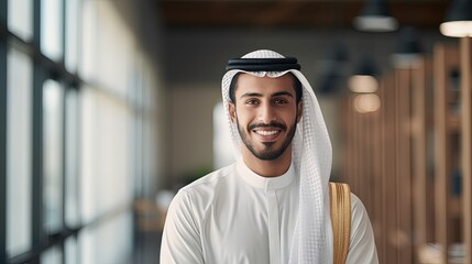 Young arab man smiling confident standing with arms crossed gesture at office - obrazy, fototapety, plakaty
