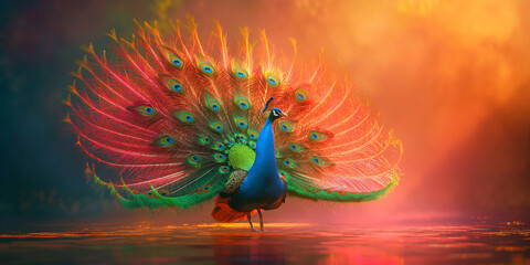 Indian Male Peacock colorful photo, bright red background, large animal, beautiful tail © Dm