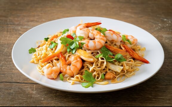 Stir fried noodles with prawn and shrimp in plate or Pad Thai
