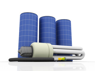 3d rendering Fiber optical cable detail with battery near CFL bulb