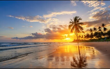 Sunset on the seacoast with silhouettes of palm trees