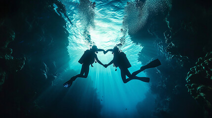 Couple of scuba divers set out on an underwater adventure. two divers underwater, bottom view. holding hands