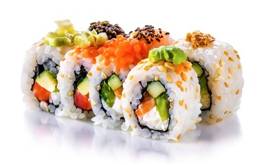 Sushi california roll different types isolated on white background.