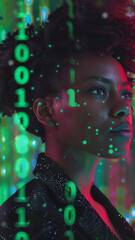 Fototapeta premium Female Computer Engineer Works on a Neural Network/ Artificial Intelligence Project. IT specialist, artificial intelligence collage. Working in a data center.