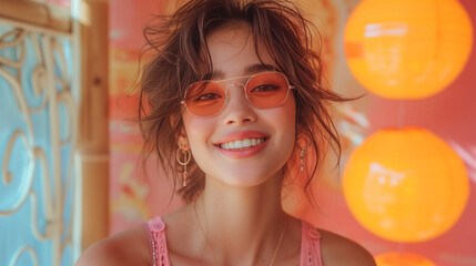 beautiful asian fashionable female, wearing neon stylish clothes, happy, smiling, retro style in...