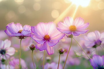 Cosmos Flowers Glistening in the Sunlight. Capturing the Petals Catching the Sunlight, Radiating a Glowing Appearance.