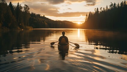 Serene kayaking at sunset, person paddling on calm waters against forest backdrop. outdoor adventure. AI