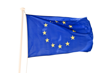 Photo of a European Union EU flag on a pole isolated on white or transparent background, cut out png file