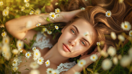 Young woman lying on the field with chamomile.