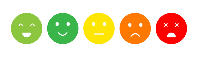  set of colored rating emoticons, (Very happy-excellen, happy-good, neutral, sad-bad, very sad-very bad emojis) Vector design elements set eps 10. Isolated