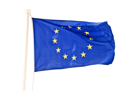 Photo of a European Union EU flag on a pole isolated on white or transparent background, cut out png file