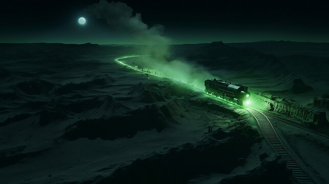 Train on the railway in heavy snow storm at night. Passenger train moves on the railway in winter. stones, mountains, green light, smoke from a steam locomotive, top view © Dm