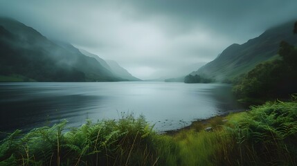 Misty lake amidst mountain valley on a gloomy day. natural landscape, perfect for wall art and backgrounds. AI