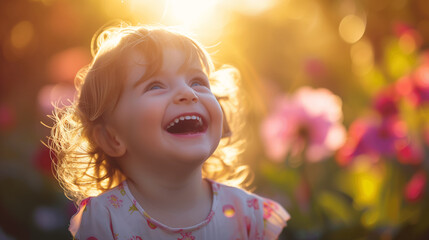 Delighted Child Laughing Amongst Garden Flowers at Sunset