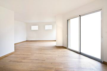 Interior of an empty new modern house or appartment, home with large bay sliding windows, view...
