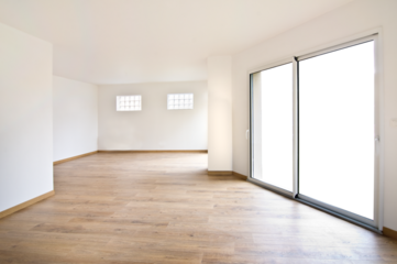 Interior of an empty new modern house or appartment, home with large bay sliding windows, view isolated on transparent background, png file