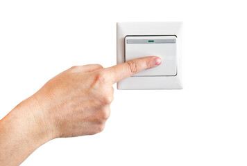Hand with finger on light switch isolated on transparent background, png file - 735093911