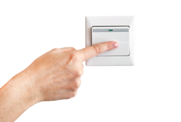 Hand with finger on light switch isolated on transparent background, png file
