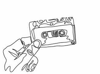 Fototapeta premium Continuous line hand drawn of hand grabbing a vintage tape cassette isolated on white background, Vector Illustration