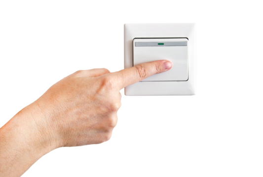 Hand with finger on light switch isolated on transparent background, png file