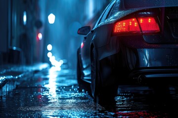 Escape car. Midnight road or alley with a car driving away in the distance. Wet hazy asphalt road or alley. crime, midnight activity concept. - obrazy, fototapety, plakaty