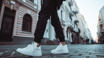 A monochromatic outfit consisting of a black hoodie joggers and sleek white sneakers perfect for a day of skating and hanging out with friends.