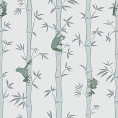 Seamless vector pattern with playful frogs hiding in a bamboo forest, sogr gray colors, japandi