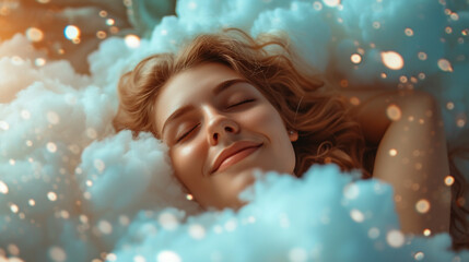 Young woman sleeping on the clouds. 