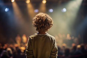 AI generated picture of talented small boy standing in front of audience illuminated by spotlights