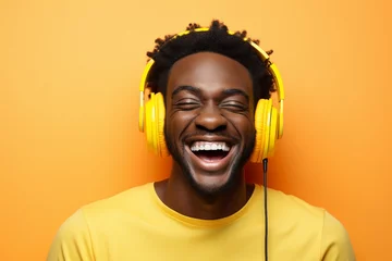 Papier Peint photo Magasin de musique Photo picture of a carefree positive guy listening to upbeat music isolated on vivid yellow color background generative AI