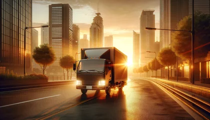 Poster Commercial Truck on City Road at Dawn. Commercial truck driving in city at dawn. © AI Visual Vault