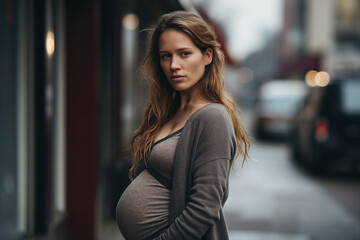 Fototapeta premium Generative ai image of charming lovely woman mommy pregnant girl in big city megapolis