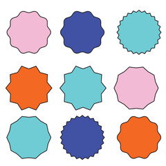 Set of vector starburst, sunburst badges. Simple flat style Vintage labels. Design elements. Colored stickers. A collection of different types and colors icon. eps 10