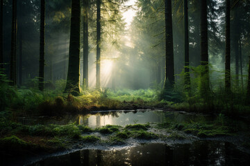 Fototapeta premium Sunlight in the morning green misty European forest made with generative AI