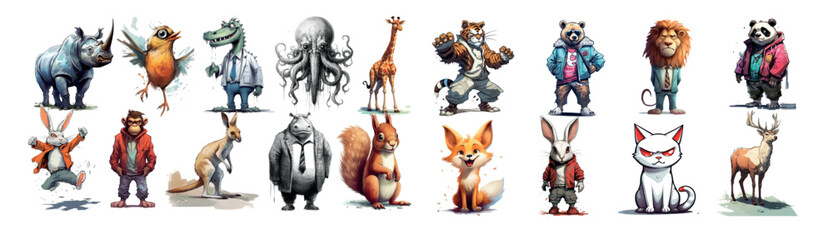 Whimsical Collection of Animated Animals: Winged Rhinoceros, Long-Legged Bird, Alligator in Suit, Octopus, Giraffe with Glasses, Tiger in Pants, Bears, Unidentified Creature, Foxes, Kangaroo