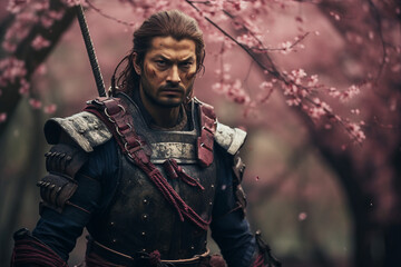 Generative AI picture of brave samurai warrior in fantasy forest - obrazy, fototapety, plakaty
