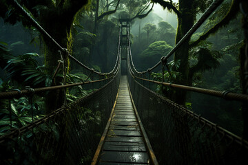 A long suspension bridge made of wooden planks extending through a dense forest made with generative AI