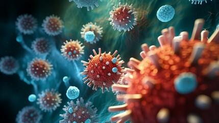Virus cells, bacteria, fungi under a microscope. Coronavirus, Omicron, rhinovirus, HPV infection, HIV, adenovirus, influenza, bacteriophage. Science, Healthcare, Microbiology, Biology concepts.