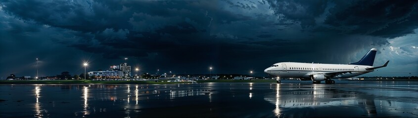 Fototapeta premium Aircraft on runway during rainstorm, challenging weather conditions, aviation safety protocol, airport operations concept, website header, copy space. Generative AI
