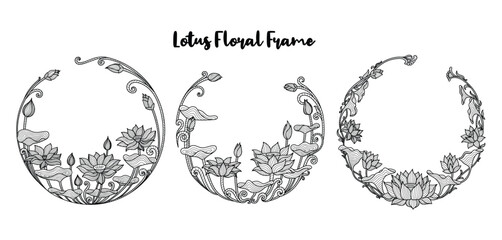 Lotus Flower Floral Frame Set, Botanical IIllustration, Isolated Vector