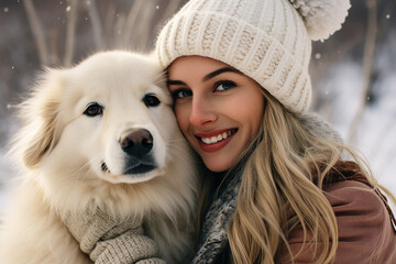 Photo of happy female person with best friend fluffy dog in forest generative AI