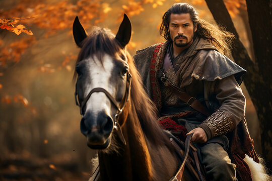 Generative AI picture of brave samurai warrior in fantasy forest