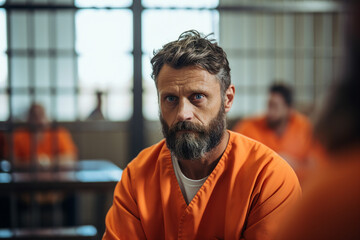 Obraz premium Generative AI picture restricted freedom concept prisoner in jail orange uniform criminal person