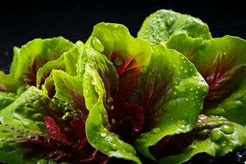 Vibrant lettuce with water droplets on dark background. Generative AI - obrazy, fototapety, plakaty