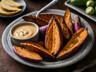 Roasted sweet potato wedges with a smoky chipotle aioli for dipping. - obrazy, fototapety, plakaty
