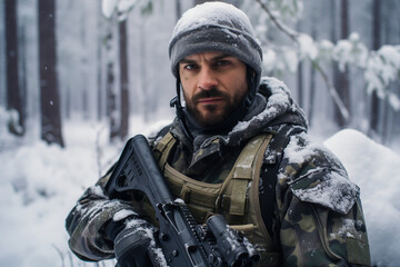 Fototapeta premium AI generated portrait of confident fully equipped and armed soldier fighting against aggression on battle field