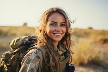 AI generated photo portrait of confident smiling ukrainian girl armed and equipped in the battle field
