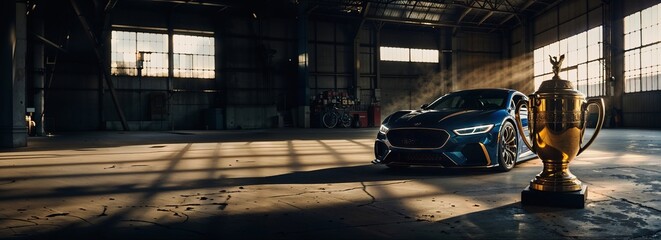 Sports car parked next to golden cup in warehouse, symbolizing achievement and glory, luxury automotive concept, website header, copy space. Generative AI