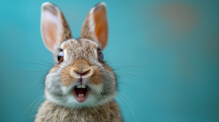 Close-up portrait of a cute rabbit on a blue background.